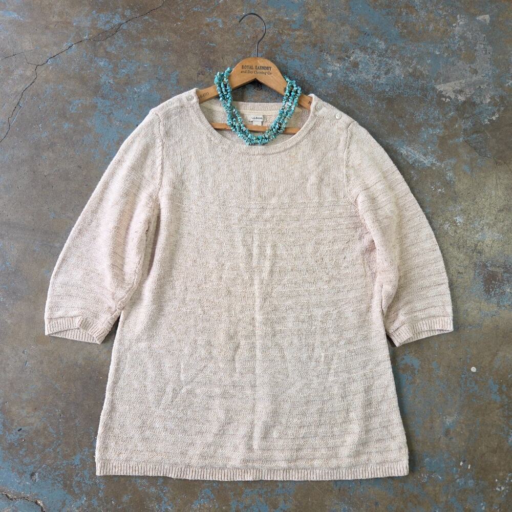 LL Bean Women's Pullover Sweater Size XL Natural Ribbed Knit Half Sleeve Button
